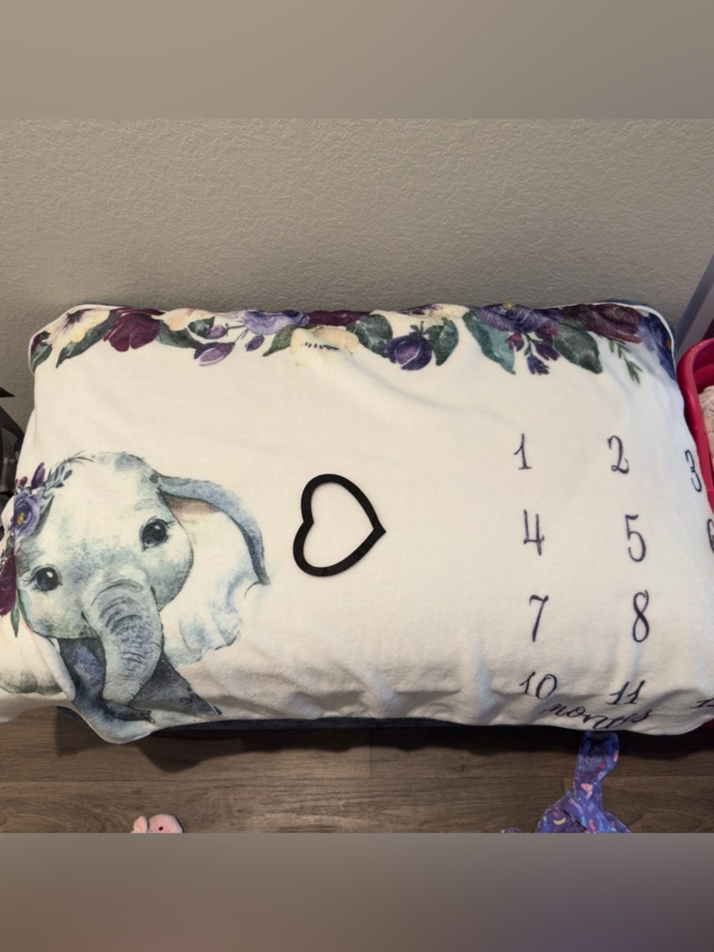 Baby Milestone Blanket with Grey Elephant and Floral Trim